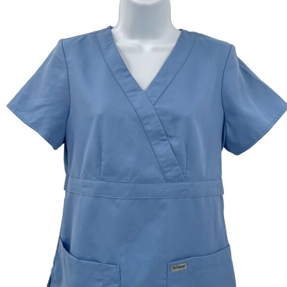 New Grey's Anatomy 3 Pocket Mock Wrap Scrub Top Style 4153 Ciel Blue Small - Picture 4 of 7